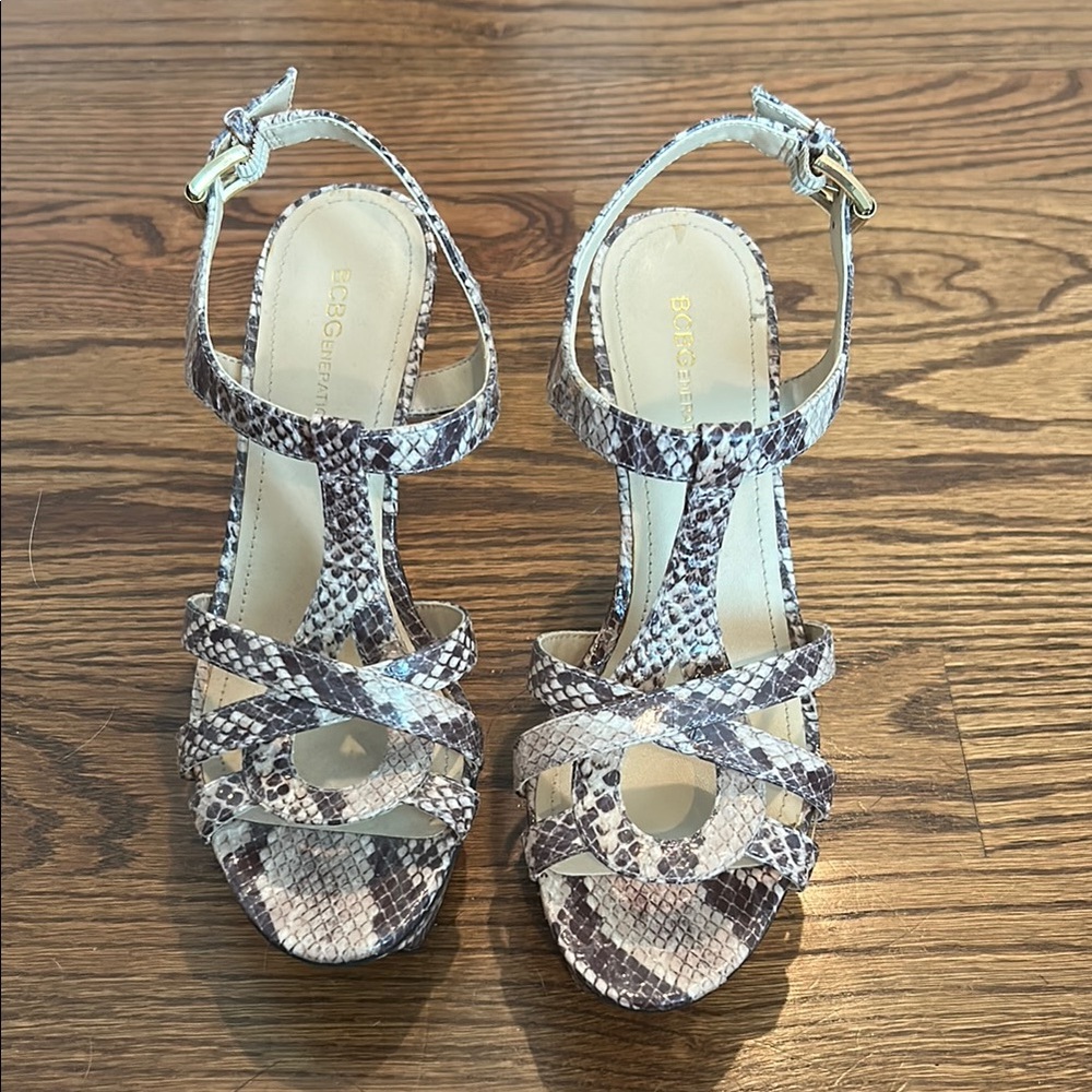 BCBG Snakeskin Strappy Heels